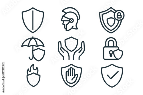 Security and protection linear icon set. Vector symbols for insurance, defense, safety, and privacy. Thin line icons of shield, lock, and guarantee for website and app design.