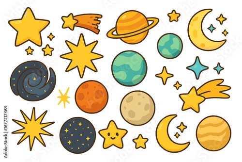 Cute space icon set. Cartoon celestial objects with planet, moon, star, galaxy, comet. Kids astronomy doodle sticker pack. Solar system elements vector illustration for children.