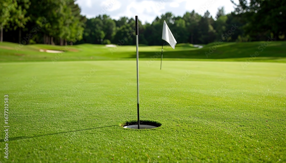 Obraz premium Golf Course Green with Hole with Flag Lush grassy field, and sunny day Perfect golf setting.