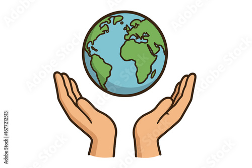 Hands holding globe. Earth day, save the planet concept. Environment conservation, ecology, and peace symbol. Global care, support, and unity vector illustration.