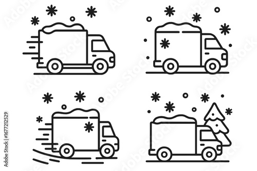 Winter delivery service icon set. Truck driving in snow, fast shipping, logistics concept. Holiday season, Christmas tree transport. Modern outline vector symbols for web, apps.