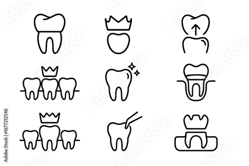 Dental crown line icon set. Tooth restoration, implant, and treatment procedure. Dentistry, stomatology, and oral care concepts. Vector outline pictograms for web and infographics.