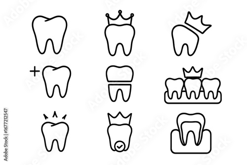 Dental crown vector line icon set. Tooth restoration, implant, stomatology concepts. Outline symbols for dentistry, oral care, clinic graphics, web design, apps, and adverts.