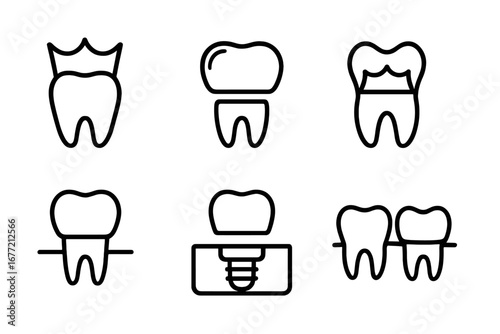 Dental crown and implant line icon set. Tooth restoration, bridge, and prosthesis symbols. Dentistry, stomatology, and oral health care vector graphic elements for web design.