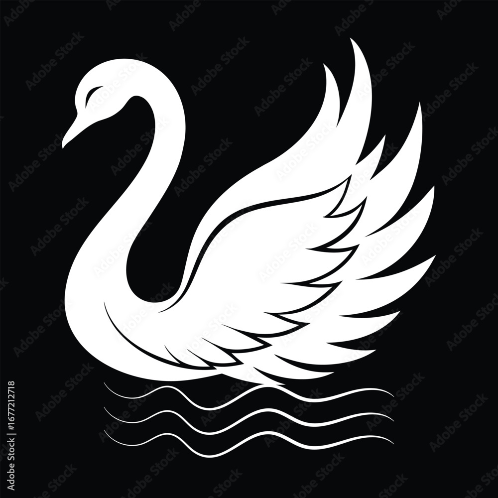 Obraz premium Elegant white swan with graceful neck and fanned wings floats on rippling water