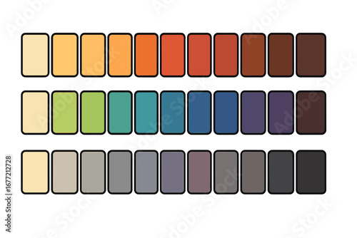 Vector color palette collection. Set of warm, cool, and neutral tones. Swatch samples for design inspiration, branding, fashion, and UI/UX projects. Modern flat color scheme guide.