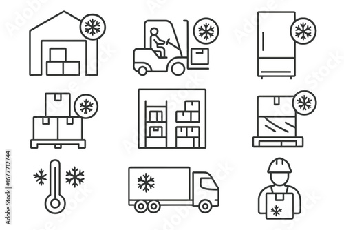 Freezer warehouse line icon set. Cold storage and logistics signs. Refrigerated transport, forklift, frozen goods, and delivery symbols. Vector outline pictogram collection.