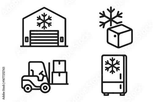Freezer warehouse modern outline icons set with forklift, ice cube, and refrigerator symbols for design, apps, cards, logistics, cold storage, and social networks