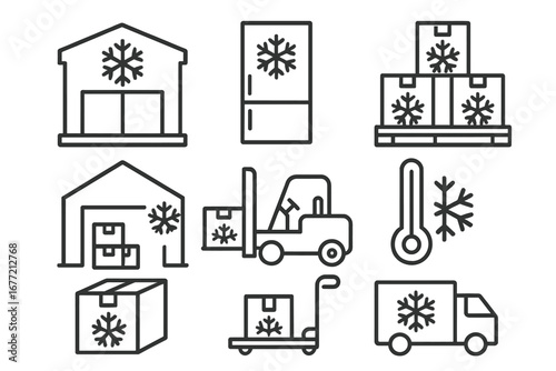 Freezer warehouse line icon set. Cold chain logistics, refrigerated transport, and frozen food storage concept. Vector outline symbols for web, apps, and graphic design.