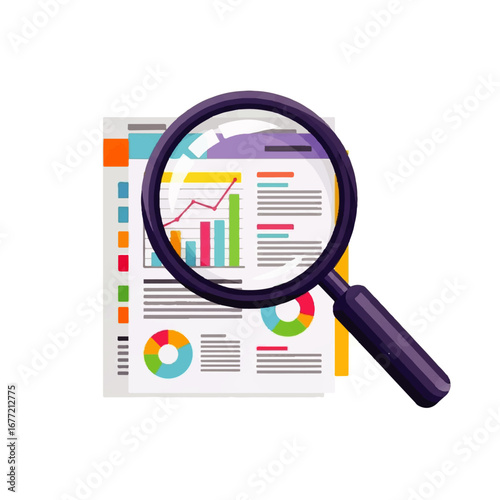 A magnifying glass meticulously examines financial reports displaying upward trending bar graphs and pie charts, signifying growth and analysis.
