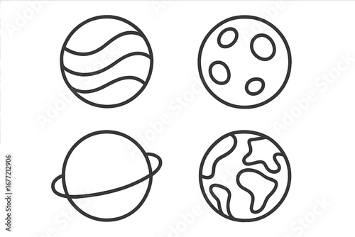 Set of planet icons in a simple outline style. Vector graphic collection including Earth, Saturn, Jupiter, and the Moon. Astronomy and space exploration cartoon symbols for design.