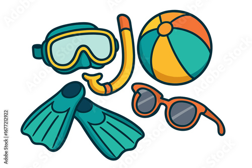 Summer vacation and beach fun icon set. Snorkel gear with diving mask, tube, and fins. Colorful travel holiday accessories with inflatable ball and sunglasses for the ocean.