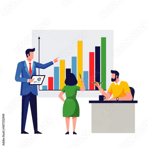 A businessman presents a colorful bar graph to his colleagues, who actively participate in a collaborative business meeting.