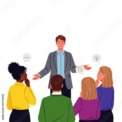 A confident businessman leads a brainstorming session, presenting ideas to a diverse team of attentive colleagues in a collaborative setting.