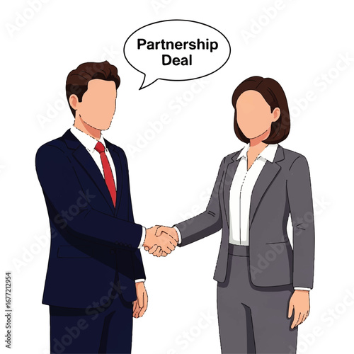 Two businesspeople shake hands, signifying a successful partnership deal against a clean white background.