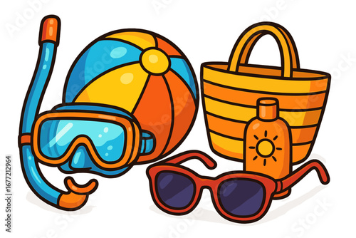 Beach day essentials for a fun summer holiday. Vector cartoon icon set with snorkel, mask, ball, tote bag, sunglasses, and sunscreen for a tropical ocean vacation.