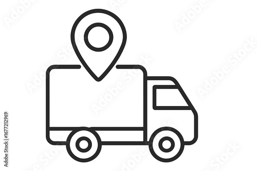 Delivery truck with map pin icon. Vector line art for logistics and shipping. GPS location tracking for cargo and freight. Transport service and order management concept.