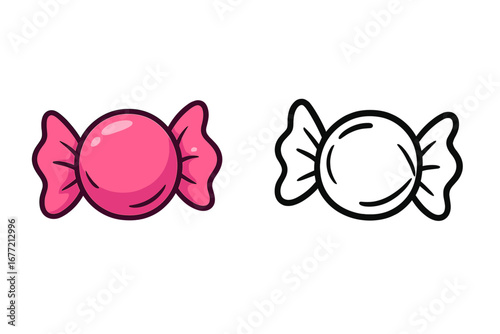 Candy vector illustration set. Pink sweet treat and black outline version. Cartoon hard candy in wrapper for clipart, icon, or coloring page. Isolated dessert graphic.