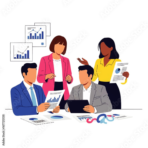 A diverse business team collaborates around a table, reviewing financial reports and data on tablets and paper documents, showcasing teamwork and strategic planning.