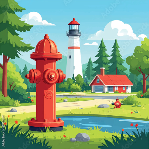 Cartoon illustration of a red fire hydrant in a park setting with a lighthouse, house, trees, and a pond under a bright blue sky.