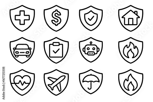 Insurance icon set with health, money, car, home, fire, travel, and robot symbols in shield design for apps, graphics, protection concept, vector cartoon illustration