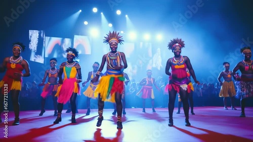 Energetic zulu dancers performing traditional dance on stage