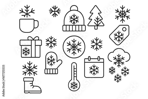 Winter and Snowflake Themed Line Icons Pack, Outline Vector Symbols for Graphic Design, Apps, Advertisements, Holiday Cards, and Seasonal Projects, Transparent Background
