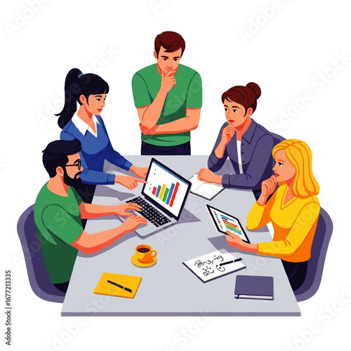 A diverse team collaborates around a table, analyzing data on a laptop and tablet during a focused brainstorming session.