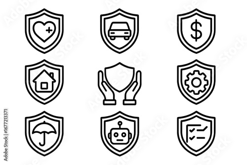 Simple Linear Insurance Icons Set with Shield Symbols, Health, Car, Money, Home, Protection, Robot, and Checklist Elements for Graphic Design and App Concepts, Vector Illustration