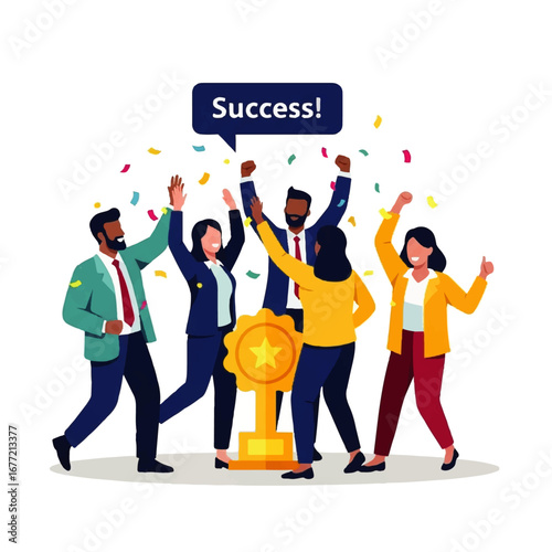 A jubilant business team celebrates a major victory, raising their arms in triumph amidst a shower of confetti and a gleaming award.