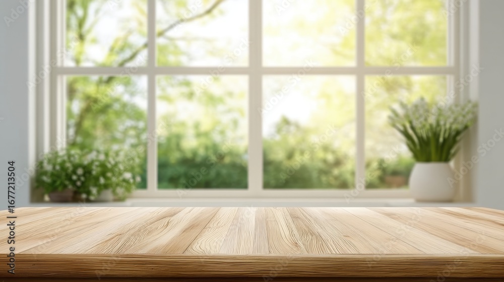 Fototapeta premium Bright and Serene Indoor Space with Wooden Table Surface Overlooking Lush Green Garden through Large Windows in Modern Home Setting