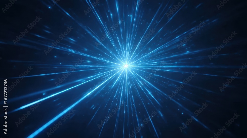 Fototapeta premium Vibrant Blue Light Rays Burst from Central Point, Creating a Dynamic and Luminous Abstract Background for Creative Visuals and Designs