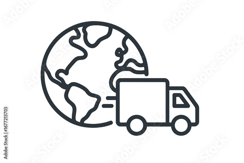 Planet Earth with Delivery Truck Outline Line Icon, Global Shipping and Logistics Concept, Vector Cartoon Illustration for Graphic, Web Design, Apps, Adverts, Business Cards, Transparent Background