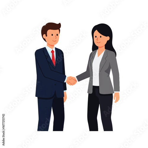 Two smiling businesspeople shake hands, signifying a successful deal or partnership against a clean white background.
