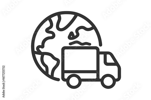 Planet Earth with Delivery Truck Icon, Global Shipping and Logistics Symbol, International Transport Outline, Global Freight, Delivery Service, Worldwide Shipping Concept Vector Illustration