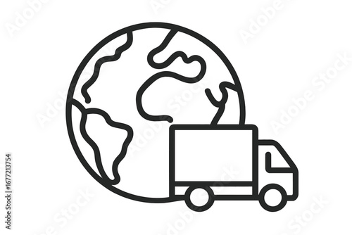 Planet Earth with delivery truck outline linear icon symbolizing global shipping transportation logistics worldwide express delivery service design vector illustration