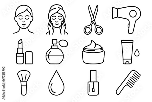 Set of Beauty and Personal Care Line Icons Including Skin Care, Hair Dryer, Scissors, Lipstick, Perfume, Nail Polish, Makeup Brush, Comb, Cream, and Cosmetic Drops for Graphic and Web Design