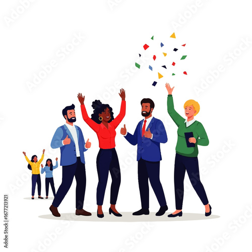 A diverse team of jubilant businesspeople celebrates success amidst falling confetti, expressing joy and accomplishment.