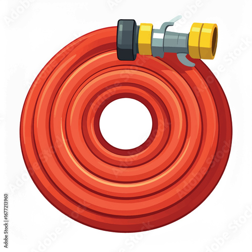 Neatly coiled fire hose with nozzle, ready for use.