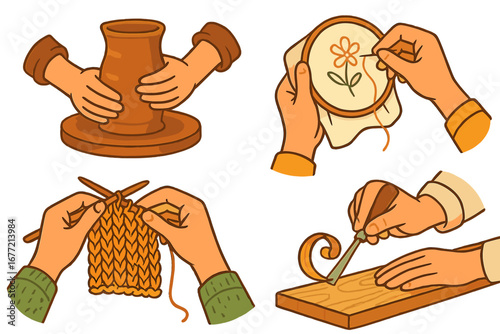 Crafting and skillful hands engaged in various artisan activities indoors during daytime hours, pottery shaping, embroidery, knitting, wood carving, vector cartoon illustration set