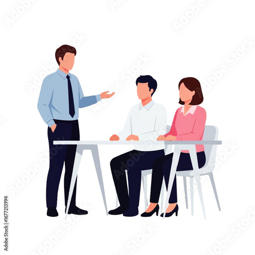 A businessman confidently presents a proposal to two attentive colleagues seated at a modern office table, fostering collaboration.
