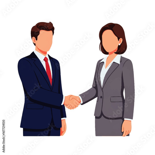 Two faceless business professionals in suits shake hands, symbolizing a successful partnership and collaboration.