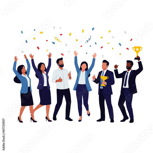 A diverse business team jubilantly celebrates a victory, confetti raining down as they raise their arms in triumph, holding golden trophies.