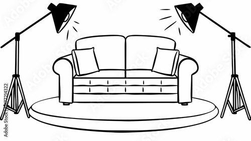 Sofa on a circular stage with professional lighting setup isolated on a white background for.