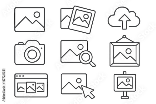 Set of Picture Related Outline Icons, Line Art Signs for Graphic Design, Web Design, Apps, Advertising, Photo Gallery, Image Upload, Camera, and Multimedia Cards Vector Illustration