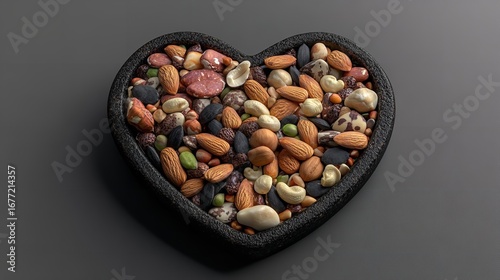 A heart shaped bowl filled with a variety of mixed nuts and seeds on a dark gray background surface