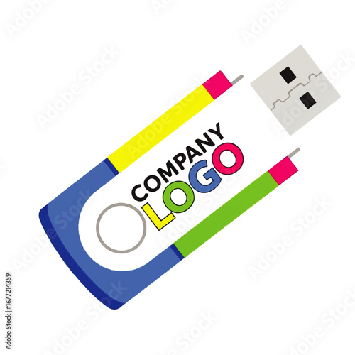Colorful USB drive showcasing a company logo against a white background, conveying a modern and professional brand identity.