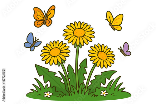 Vibrant dandelion blossoms with colorful butterflies fluttering in a lively spring garden, cartoon vector illustration, transparent background, nature scene