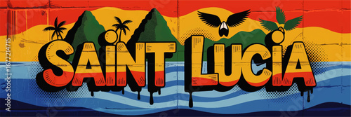 Vibrant Saint Lucia Graffiti Art With Palm Trees, Birds, Mountains, and Caribbean Colors – Urban Street Pop Illustration