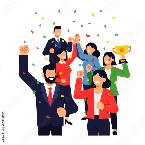 A jubilant business team celebrates a victory, amidst confetti, showcasing their success with a golden trophy.
